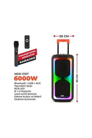 Ndr1097 Taşınabilir Tekerlekli Büyük Boy Rgb Işıklı Bluetooth Mikrofonlu Hoparlör