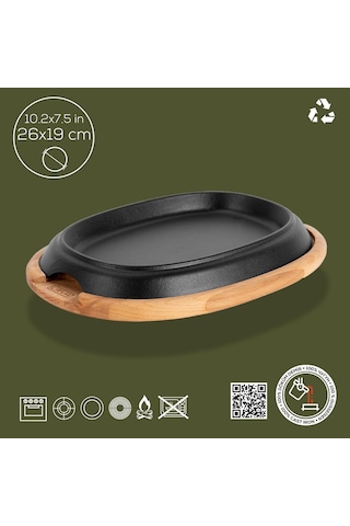 Lava Döküm Oval Fajita Tabağı Kayın Servis Ahşabı Ölçü 26x19cm Genel
