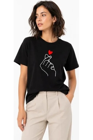 Valensdesign Kore Parmak Kalp Aşk Temalı Minimal Baskılı Tişört Yazlık Kısa Kol T-shirt - Siyah