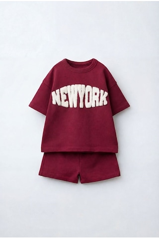 Magu Çocuk Pamuklu Bordo New York Yazı Aplikeli T-shirt Şort Takım