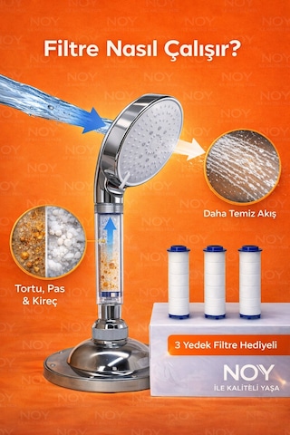 Duş Başlığı Filtreli Duş Başlığı Seti Kireç Önleyici Arıtmalı Duş Filtresi + 3 Yedek Filtre Beyaz