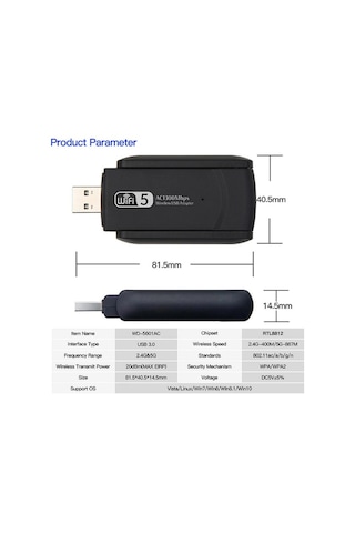 Dual Band USB 3.0 Adaptör Kablosuz Wifi Alıcı AC1300