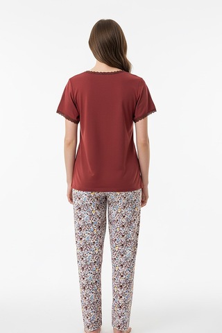 Kompedan Kadın Ring Viskon V Yaka Altı Desenli Kısa Kol Pijama Takımı Kiremit 40113-4120 KİREMİT