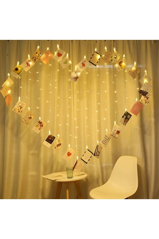 Fotoğraf Asılabilen Kalp Şeklinde Mandallı 2x1,5 Sarı Perde Led, Sevgiliye Sürpriz İçin Fotoğraf Albümü