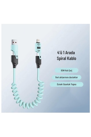 Usb Type C Lightning 4'ü 1 Arada 65w Pd Hızlı Şarj Data Kablosu 1.5m Spiral Çevirici