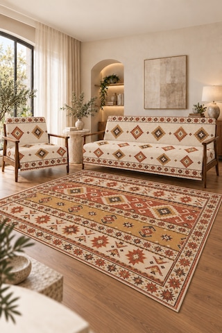3 Lü Set 2 Adet 165x215 Cm Koltuk Örtüsü + 1 Adet 6m2 180x280 Cm Kaymaz Taban Dijital Baskılı Halı Kiremit