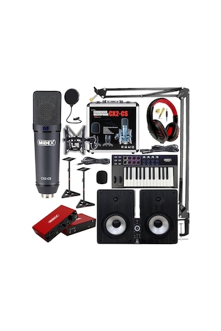 Midex Wizard Paket-6 Stüdyo Ekipmanları Seti Monitör Mikrofon Ses Kartı Kulaklık Midi Klavye