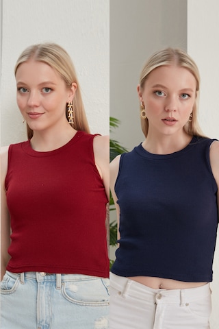 Catspy Kadın Halter Yaka 2'li Crop Bluz Atlet Bordo - Lacivert