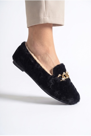 Nmoda Kadın Peluş Panduf Gold Zincir Taşlı Aksesuarlı Kapalı Loafer Yumuşak Tabanlı Kışlık Rahat Babet Gri