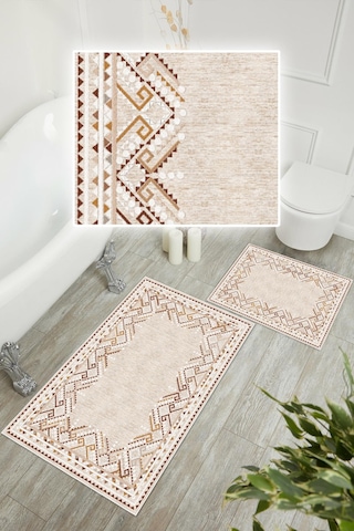 Dijital Baskı Kilim Desen Kaymaz Taban 2li Set Banyo Paspası Klozet Takımı 50x60cm-60x100cm Krem