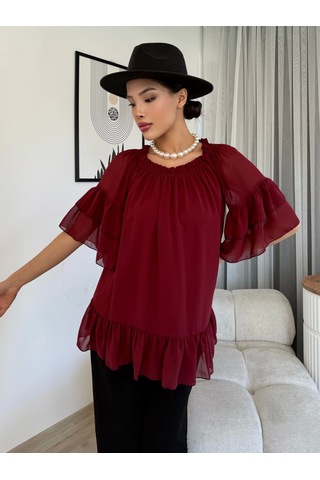 Lodmela Yaka Lastikli Şifon Bluz 6022-Bordo
