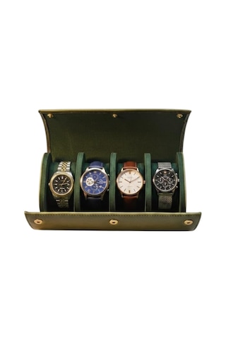 4 Lü Deri Saat Kutusu Silindir Tasarım Taşınabilir Saat Saklama Organizer 24x11x7 Cm Haki Çok Renkli