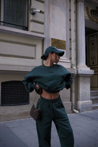 Reka Moda Bisiklet Yaka Nakış İşlemeli Üç İplik Sweat Takım - Yeşil Yeşil