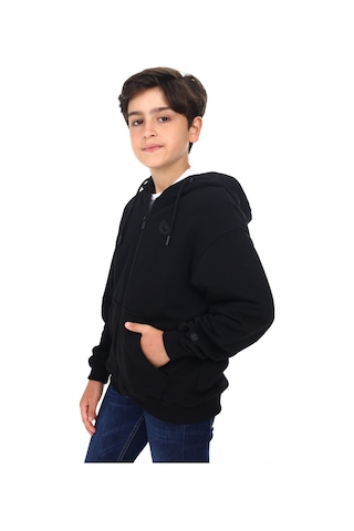 Toontoy Kids Toontoy Erkek Çocuk Kapüşonlu Fermuarlı Cepli Düşük Omuz Baskılı Örme Hırka - 3 İplik Şardonsuz Siyah