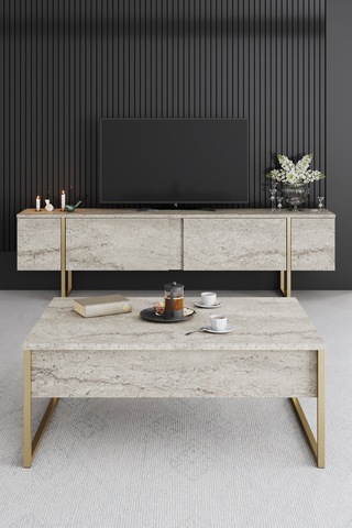 Luxe Gold Demir Ayaklı Traverten Orta Sehpa Traverten - Gold