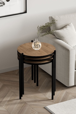 Nice 3'lü Zigon Sehpa Siyah Metal - Atlantik Çam Tabla