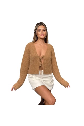 Kechi Woman Sakallı Bağlamalı Camel Renk Triko Hırka Çok Renkli
