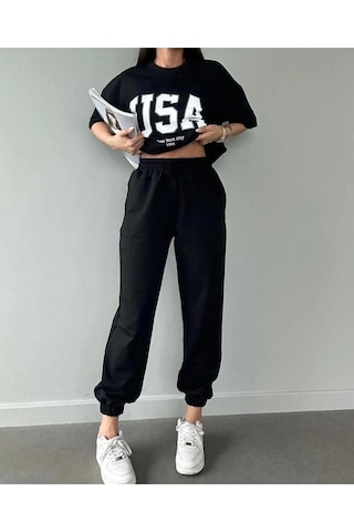 Usa T-shirt Eşofman Altı Jogger- Siyah Baskılı Alt Üst Eşofman Takım Oversize Bisiklet Yaka Siyah