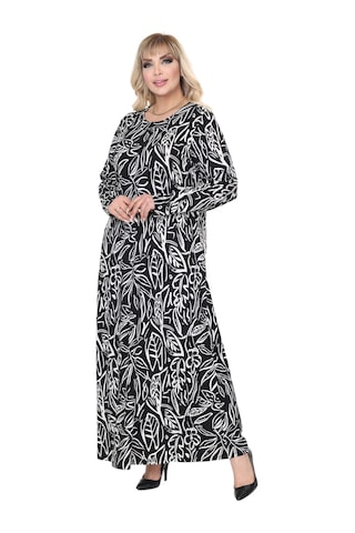 Melsay Butik Siyah Yaprak Desen Uzun Kollu Kadın Tesettür Elbise Siyah