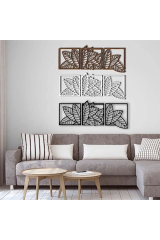Yaprak Model 3 Lü Dekor Ahşap Duvar Süs Tablo Siyah Renk 147x52 Cm