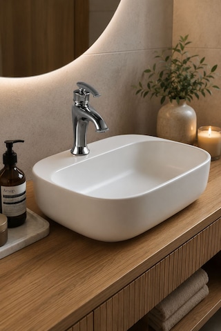 Lena E-2101 Tezgah Üstü Porselen Lavabo Dikdörtgen Beyaz Tezgah Üstü Lavabo