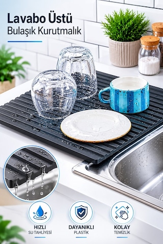Sas Haus Plastik Pratik Lavabo Tezgah Üstü Bulaşık Kurutmalığı Siyah 35 X 45 S-10145
