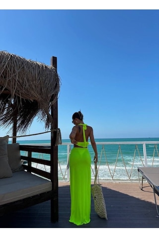 Moderie Butik Kadın Mayo Kumaş Bağlamalı Crop Ve Maxi Boy Etek Ikili Takım Neon Yeşil