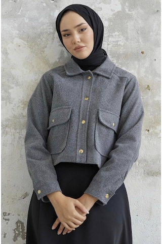 Kısa Cepli Kaşe Mont Gri