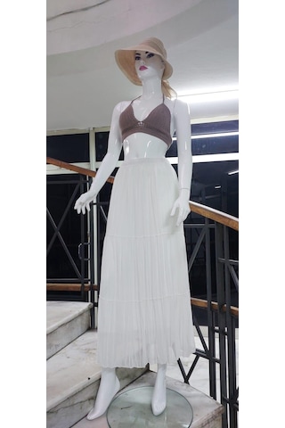 Eren Style Beli Lastikli Astarlı Uzun Şifon Etek-8960 Beyaz