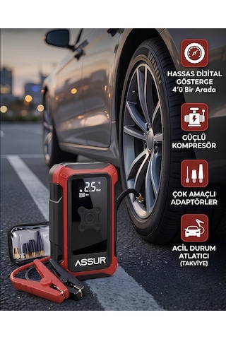 Assur Asr8107 16000mah 4ü1 Arada Akü Takviye Cihazı, Hava Kompresörü, Powerbank Ve Led Fener