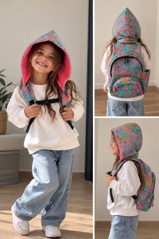 Unisex Çocuk Su Geçirmez Pollock Desenli Çıkarılabilir Kapüşonlu Sırt Çantası Pembe