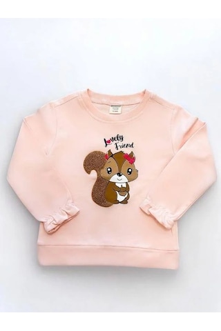 Kız Çocuk Sincap İşlemeli Sweatshirt-14667 Pudra