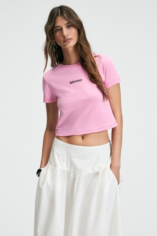 Ethıquet ZERAYA Kadın Bisiklet Yaka Kısa Kollu Önde Nakış Detaylı Crop Pembe T-Shirt