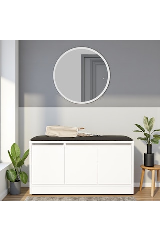 Robin Home Puflu Minderli Oturaklı Aynalı Ayakkabılık Dolap 90cm Beyaz Beyaz