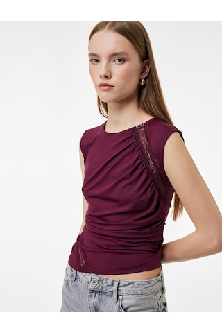 Koton Slim Fit Kayık Yuvarlak Yaka Dantel Detaylı Kolsuz Bluz Bordo 6wal30057ık Bordo
