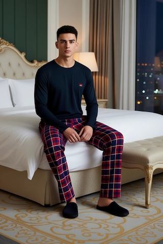 Frm Erkek Kışlık Ekose Desenli Pijama Takımı Bisiklet Yaka Fonksiyone Lacivert