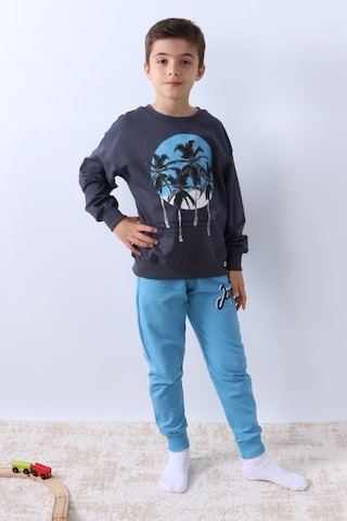 Erkek Çocuk Eşofman Takımı Palmiye Baskılı Ribanalı 4 Mevsim Bisiklet Yaka F13 Mavi