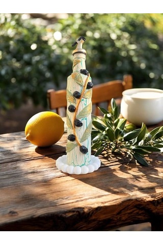 500 Ml Kil Kabartma Uygulama Akdeniz Ve Ege Dokunuşu El Yapımı Zeytinyağı & Üzüm Sirke Şişeleri, Yağ Yeşil