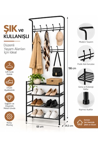 Siyah Alüminyum Vestiyer Askılık 3 Katlı Ayakkabılık Çok Amaçlı Portmanto 68x34,5x186 Cm