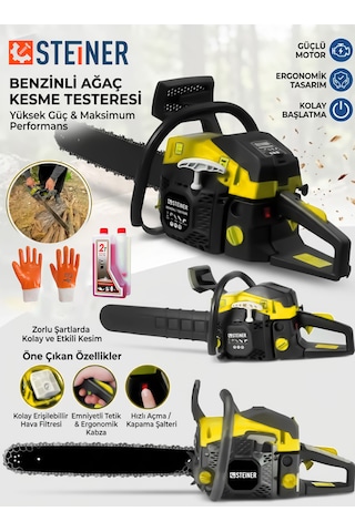 Steiner 2.8 Hp Turbo Profesyonel 52cc Çift Egzoz 50cm Ağaç Odun Dal Kesme Benzinli Testere Hızar Makinesi Sarı