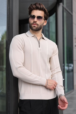 Madmext Taş Polo Yaka Yarım Fermuarlı Fitilli Erkek Triko Kazak E7515 Taş Rengi