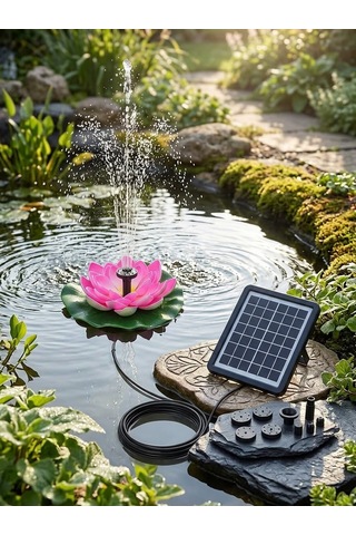 Güneş Enerjili Pembe Lotus Çiçekli Solar Fıskiye - Dekoratif Bahçe Süs Havuzu - Havuz Süsü