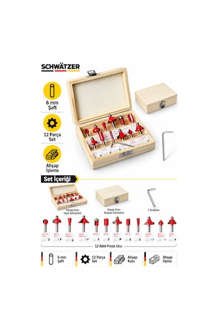 Alman 12 Parça Freze Uç Takımı Ahşap Oyma Ağaç Delme Çantalı Set 6 Mm
