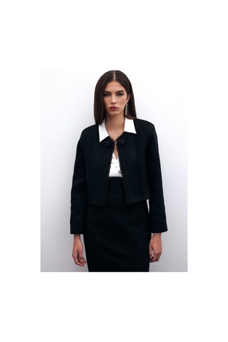 Sateen Boncuk Aksesuarlı Kısa Ceket - Siyah-135574 Siyah