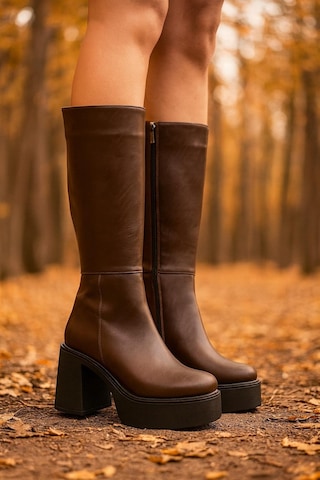 Kadın Fermuarlı Yüksek Topuklu Şık Çizme Kahverengi