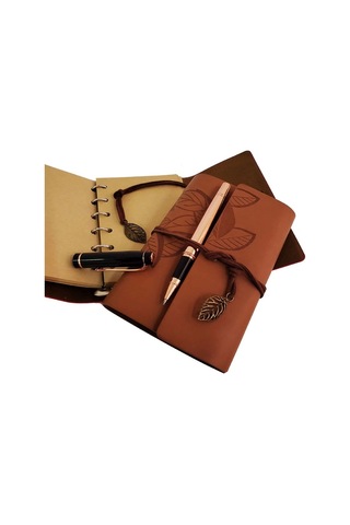 Özel Ahşap Kutulu Taba Deri Defter Ve Bakır Roller Kalem Set 1 Adet