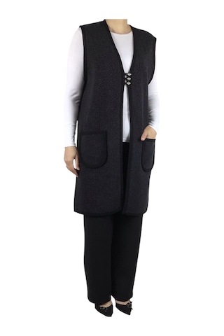 Kadın Desenli Üç Düğmeli Kalın Kışlık Yelek Siyah