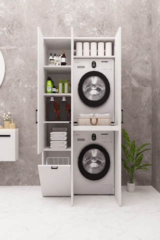 Mdf Çamaşır Makinesi Ve Kurutma Makinesi Dolabı Sepetli Kapaklı Beyaz