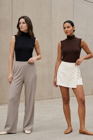 Ivoire Wear Kadın 2'li Balıkçı Yaka Sıfır Kol Viskon Body Set Siyah Kahverengi