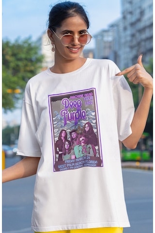 Sevbano Deep Purple Rock Metal Müzik Grubu Baskılı Unisex Oversize Tişört Beyaz